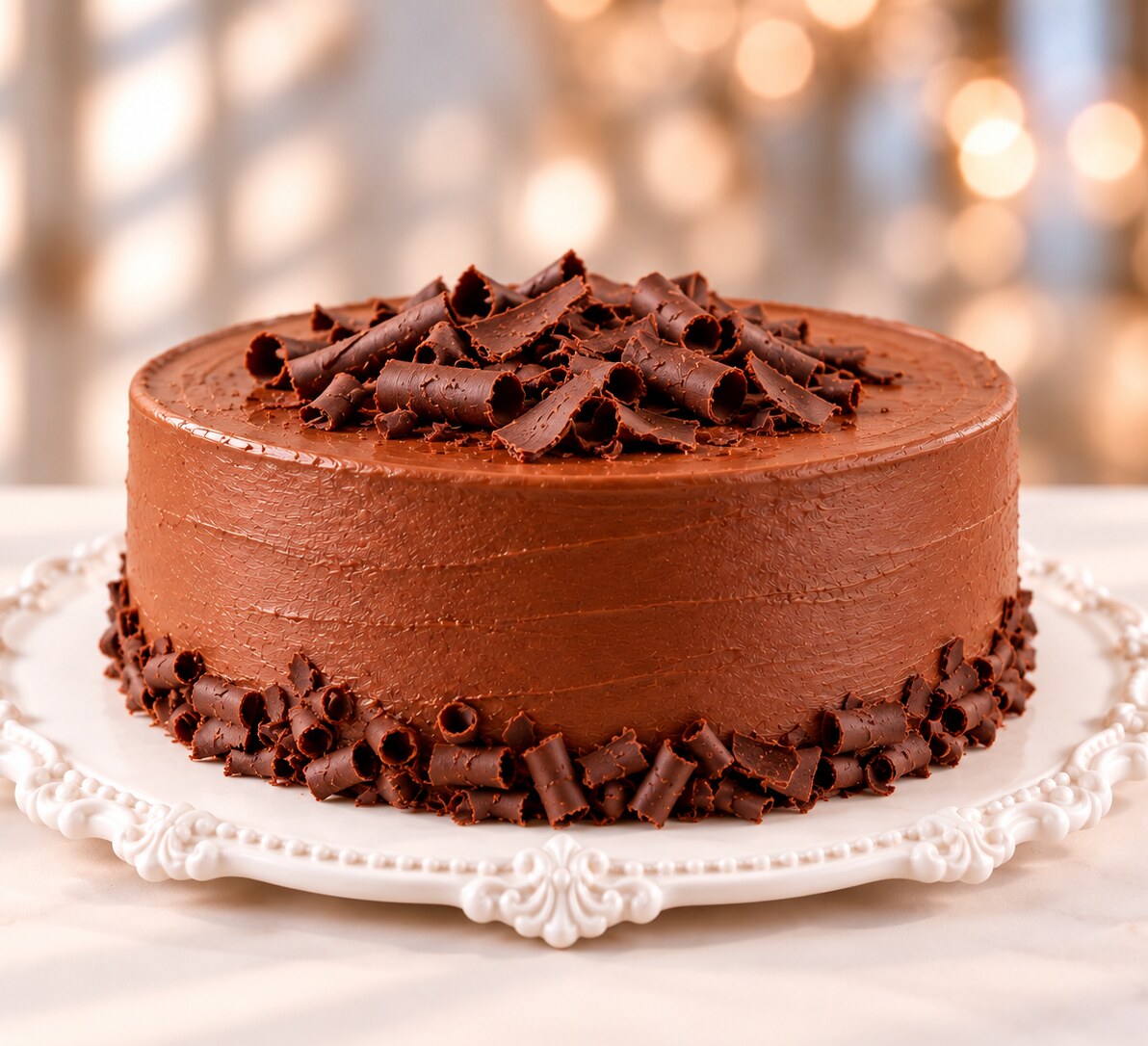 Panqueque de chocolate con virutas de chocolate, sobre un pedestal de mármol